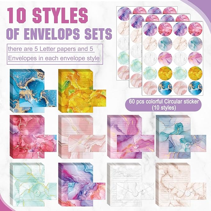 TaoBary 160 Pcs Stationery Paper Set 50 Double Sided Stationery Papers with 50 Matching Envelopes and 60 Round Dot Sticker, 10 Design(Marble,8.5 x 11 Inch)