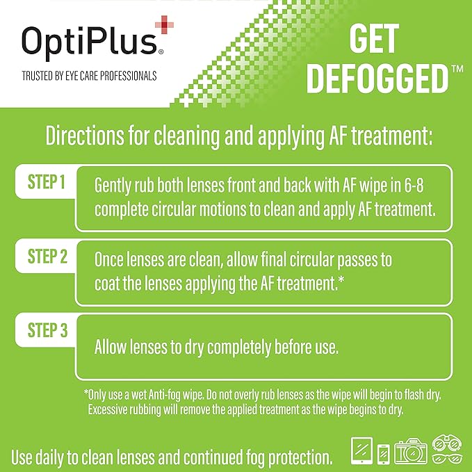 OptiPlus Anti Fog Lens Wipes l Pre-Moistened l Cleaning Wipes for Glasses, Laptops Screens, Smart Phones, Optical Lens, Goggles, Watch Screen and More l Defogging, Quick-Dry & Scratch-Free l 60 Count