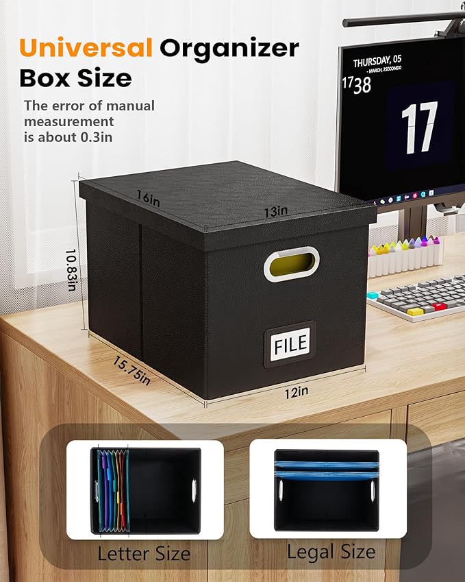 2 Pack File Storage Organizer Box, Portable Filing With Lid, Fit for Letter/Legal Folder Storage, Black (Leather)