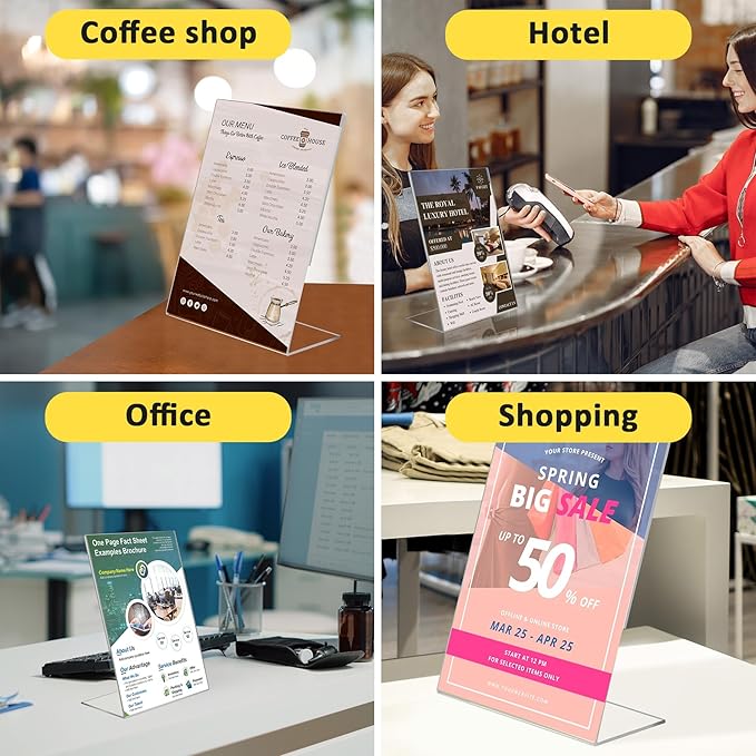 8 Pack Acrylic Sign Holder, Clear 8.5 x 11 Inch Slant Back Vertical Sign Holder, Tabletop Plastic Paper Picture Frame Flyer Document Display Stand for Home, Office, Restaurants, and Stores