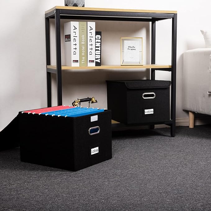 PRANDOM File Organizer Box - Set of 4 Collapsible Decorative Linen Filing Storage Hanging File Folders with Lids Office Cabinet Letter Size Black (15x12.2x10.75 inch)