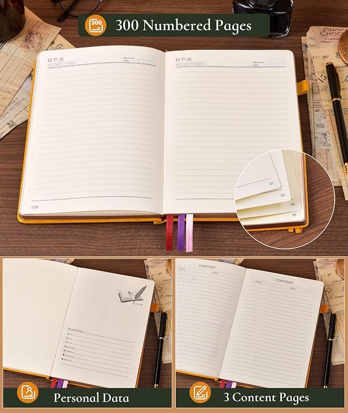 Vintage Leather Journal with 300 Numbered Pages,B5 Lined Journal for Men Women,Daily Journals for Writing,College Ruled Notebook for Work,School,Note taking,Travel Diary,Large (7" x 10")