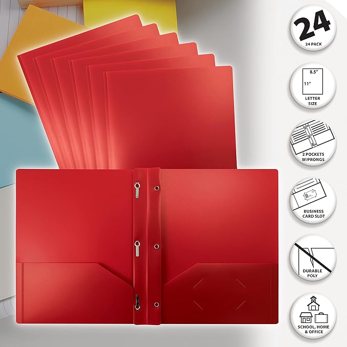 Better Office Products Red Plastic Folders with Pockets and Prongs, Letter Size, 24 Pack, Heavyweight Poly Prong Folders, Red Plastic with 3 Metal Fastener Clips