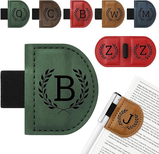 Personalized Bygone Mark Bookmark with Pen Holder,Engraving Leather Magnetic Bookmarks Vintage 26 Letters Name Initials Text Book Marker Clips Gifts for Reading Book Lovers Women (Green, B)