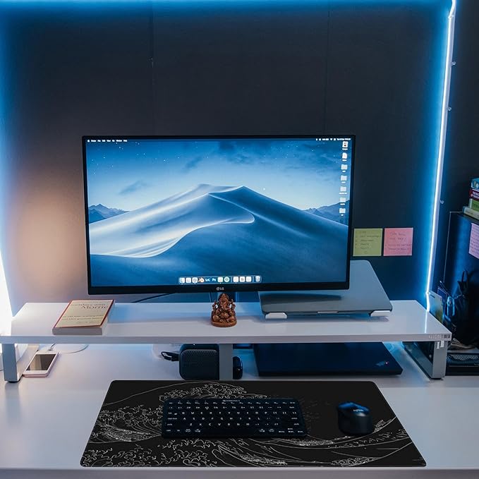 Desk Mat,Black Japanese Sea Wave Desk Pad,Japanese Sea Wave Large Gaming Mouse Pad for Desk,Extended Big Computer Keyboard Mouse Pad with Non-Slip Base and Stitched Edge,31.5"x11.8"