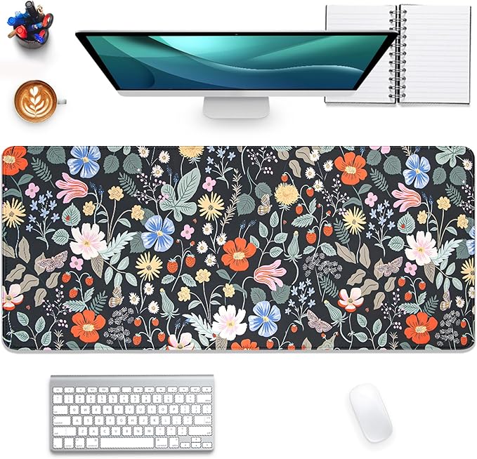 Strawberry Flowers Mouse Pad Desk Pad,Extended Gaming Mouse Mat with Stitched Edges Non-Slip Waterproof Rubber Base Mous Mat for Office,Computer,Keyboard,Laptop and Home Desk Pad(27.5X11.8 in)