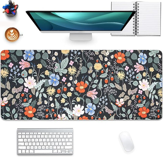 Strawberry Flowers Mouse Pad Desk Pad,Extended Gaming Mouse Mat with Stitched Edges Non-Slip Waterproof Rubber Base Mous Mat for Office,Computer,Keyboard,Laptop and Home Desk Pad(27.5X11.8 in)