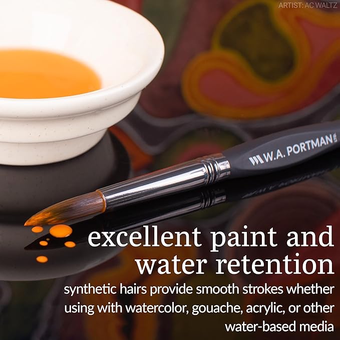 WA Portman Round Acrylic and Watercolor Paint Brushes 4pc Set - 100% Vegan, Cruelty-Free Round Paint Brushes for Acrylic Painting and Watercolor Painting with Triangular Comfort Grip