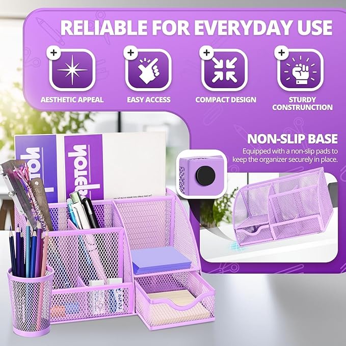 Flexzion Desk Caddy Organizer Set (Purple) - Metal Mesh Desktop Caddy with Drawers, 6 Compartments, and Pencil Holder for Women & Men - Desktop Organizer and Storage for Work or Office Supplies