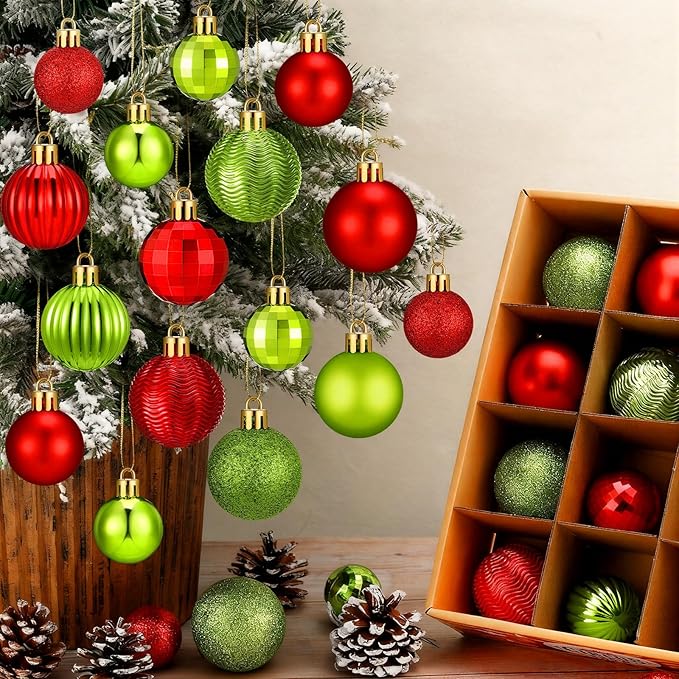 64 Pcs Christmas Ball Ornaments Lime Green Red Plastic Glitter Christmas Tree Decoration Assorted Size Hanging Xmas Ornament for Tree Home Indoor Decor, 1.6/1.97/2.4 Inch