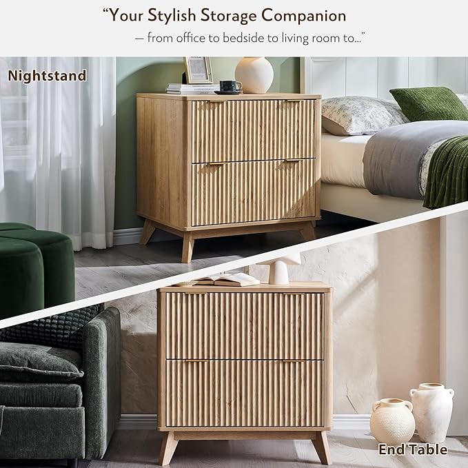 T4TREAM 2 Drawer File Cabinet, 30" Fluted Lateral File Cabinet w/Files Hanging Rod for Letter/Legal/A4, Large Tabletop for Printer, Office Wood Printer Cabinets, Natrual Oak