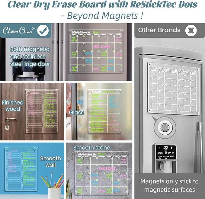 Clear Non-Magnetic Calendar Set for Fridge - Dry Erase Transparent Monthly, Weekly Calendar and List Board - Sticks to Wall, Glass, Door, Any Smooth Surfaces