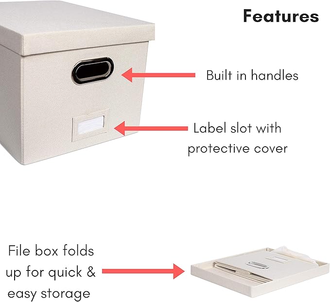 Internet's Best Collapsible File Storage Organizer Box with Lid - Decorative Linen Hanging Filing & Storage Office Box - Letter/Legal - Strong Durable - Toys Blankets Binders - Cream - 1 Pack