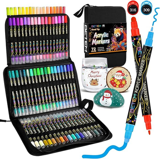 Betem Acrylic Paint Markers Pens, Dual Tip 72 Colors Premium Paint Pens Acrylic Markers for Wood, Fabric, Canvas, Stone, Rock Painting, Glass, Ceramic Surfaces, DIY Crafts Making Art Supplies with Bag