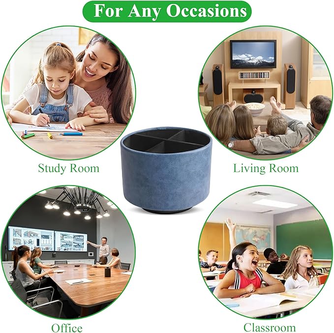 Hennaja Round Leather Art Supply Organizer,Remote Control Holder,360 Degree Spinning,Multi-Functional Pencil Holder,4 Compartments Desktop Stationary Organizer(1-Oil Blue)