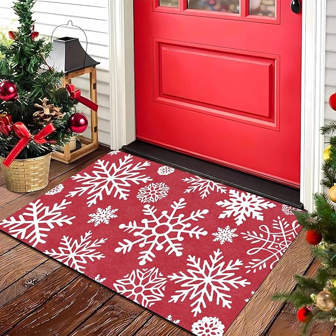 InterestPrint Christmas Red Door Mat Xmas Snowflakes Doormat Washable Floor Mats Outdoor Indoor Non-Skid Area Rug Entry Doormat for Bedroom Living Room Kitchen Nursery, 18" x 30"Inch
