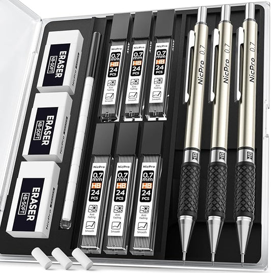Nicpro 0.7 mm Art Mechanical Pencil Set in Storage Case, 3 PCS Metal Drafting Pencil Lead Pencil with 6 Tube HB Lead Refills, 3 Erasers, 9 PCS Eraser Refills for Artist Writing, Drawing, Sketching