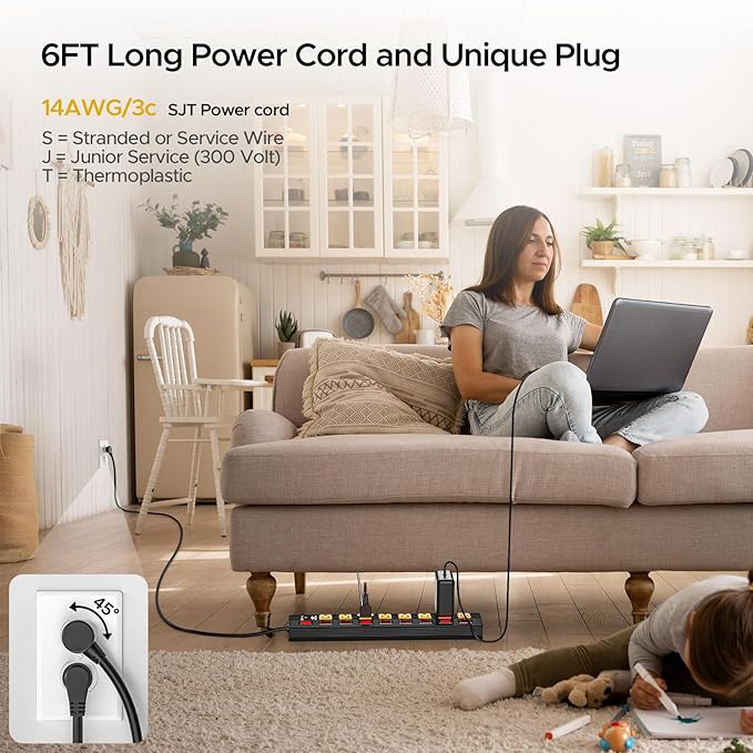 CRST 8 Outlet Heavy Duty Power Strip with Individual Switches, 15A/1875W Metal Power Strip Surge Protector with Circuit Breaker (1200 Joules), 6 FT 14AWG Extension Cord and Mounting Bracket