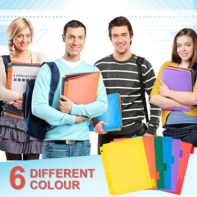 Honoson 60 Pcs Plastic Folders with Clear Front Pocket 3 Hole Punched Folders for 3 Ring Binder 1/6 Cut Tabs for Office Classroom (Bright Colors)