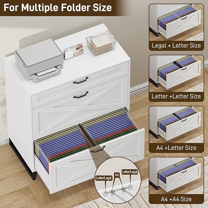 Vabches Lateral File Cabinet, Modern Farmhouse File Cabinet with 3 Drawers for Legal/Letter/A4 Size Hanging Files, Printer Stand Large Wood Home Office, Office White