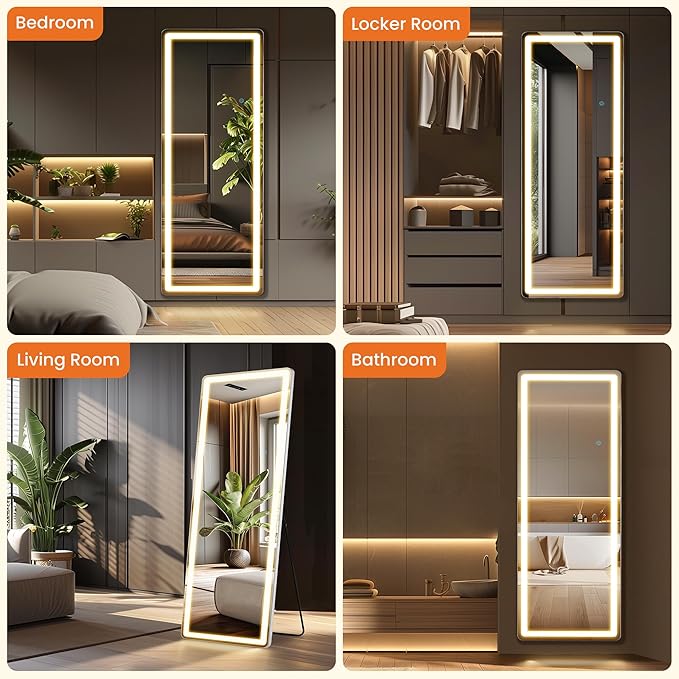 ALPEN LED Full Length Mirror with Lights, 71" x 26" LED Floor Mirror with Stand, Full Body Dressing Mirrors with Dimming & 3 Color Lighting, Hanging Mounted Mirrors for Living Room Bedroom Cloakroom