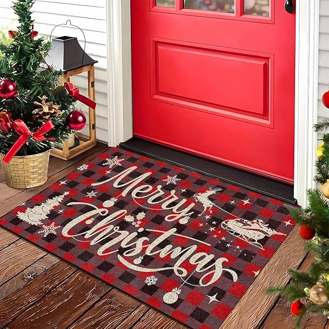 Christmas Front Door Mat Xmas Buffalo Plaid Welcome Doormat Reindeer Santa Claus Floor Mats Outdoor Indoor Area Rug Entry Doormat for Bedroom Living Room Kitchen Nursery, 18" x 30"Inch