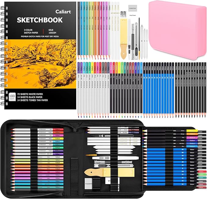 Caliart 176PCS Art Supplies Sketching Kit with 100 Sheets 3-Color Sketch Book, Graphite Colored Charcoal Watercolor & Metallic Pencils, School Supplies Gifts for Artists Adults Teens Girls Boys Kids