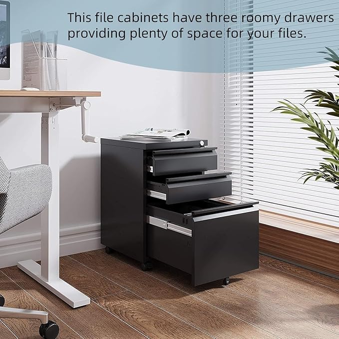 Filing Cabinets for Home Office, Mobile File Cabinet with Lock, 3 Drawer Filing Cabinet for A4/Letter/Legal Size Folder, Fully Assembled Except Casters, Matte Black