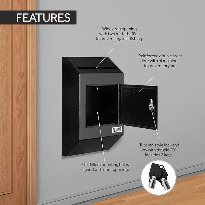 Drop Box Deposit Safe 10 x 4 x 16” Heavy Duty Steel with Slim Profile Wall Mailbox with Wide Deposit Slot for Letters, Documents Checks and Cash for Home, Office & Commercial (W300) (Black)