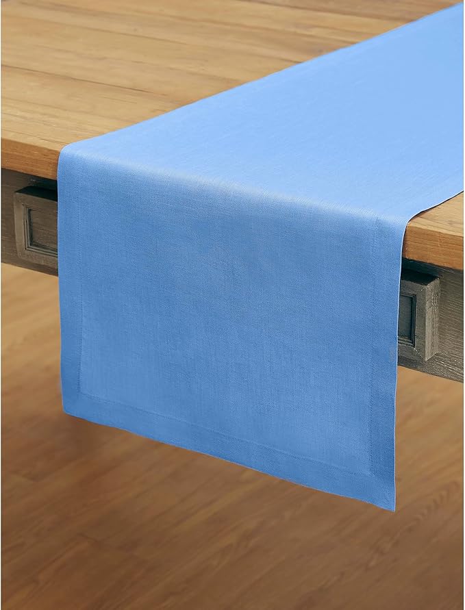 Solino Home Linen Provence Blue Table Runner 120 Inches Long - 100% Pure Linen 14 x 120 Inch Table Runner - Fete - Christmas, Winter