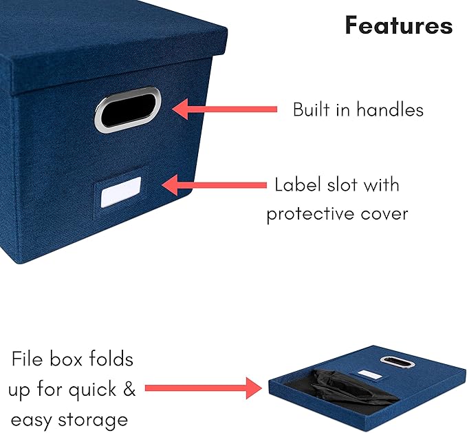 Internet's Best Collapsible File Storage Organizer - Decorative Linen Filing & Storage Office Box - Letter/Legal - Navy - 1 Pack