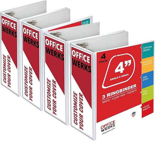 3 Ring Binder, Professional Angle D Ring 4 Inch, Presentation Folder for Standard Pages 8.5 x 11 with Pockets, Crystal Clear View White (4 Pack)