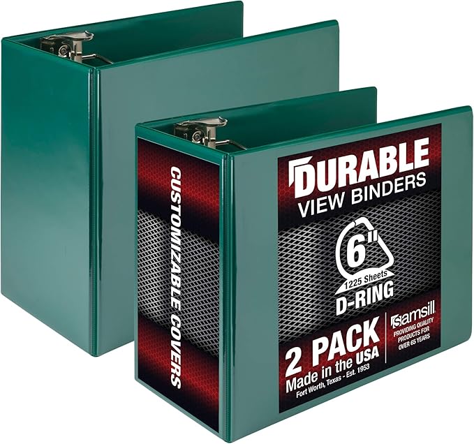 Samsill Durable 6 inch 3 Ring Binder, Made in USA, Locking D Ring FSC 100% Recycled Chipboard, Green, 2 Pack
