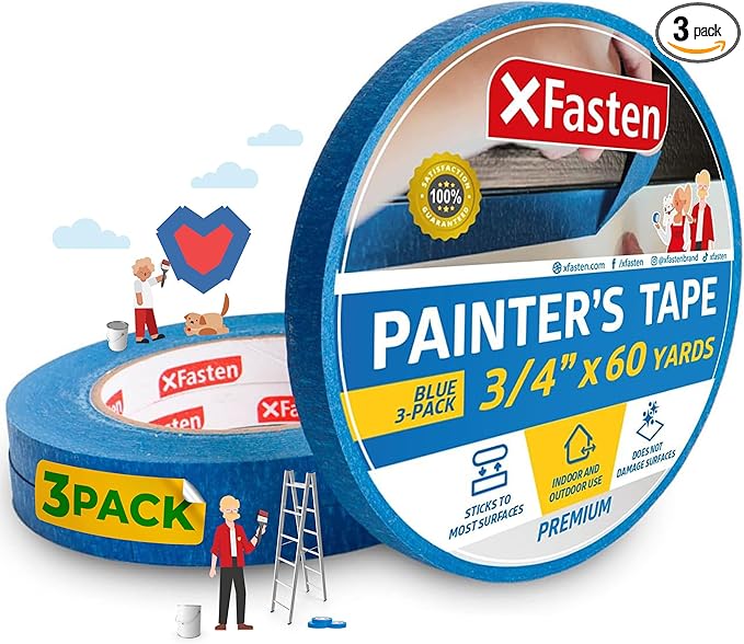 XFasten Professional Blue Painters Tape, Multi-Use, 3/4 Inches x 60 Yards (3-Pack) - Produces Sharp Lines and Residue-Free Artisan Grade Clean Release Wall Trim Tape