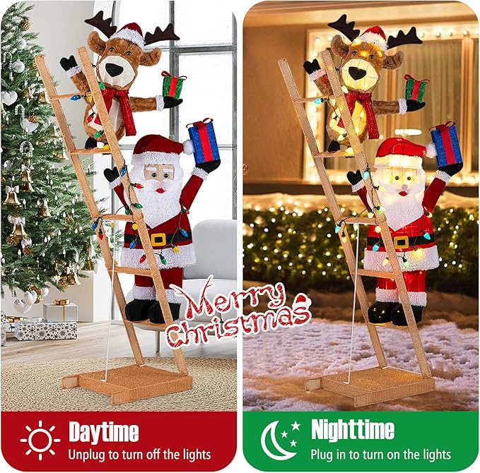 Tangkula 5.5 FT Lighted Reindeer & Santa Claus on Ladder, 3D Pre-Lit Indoor Outdoor Christmas Decoration with 100 LED Lights, Zip Ties and Ground Stakes, Xmas Holiday Decoration for Home Yard Porch