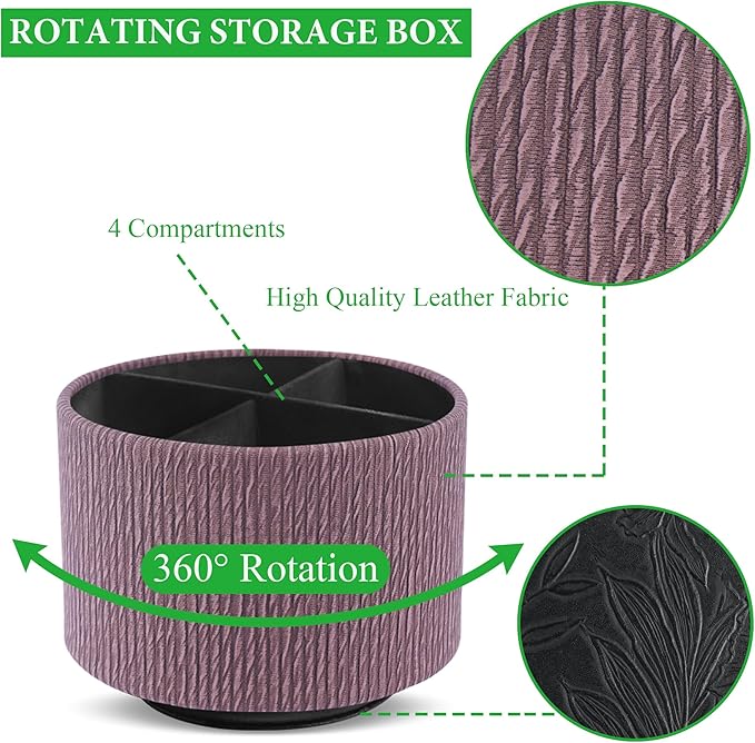 Hennaja Round Leather Art Supply Organizer,Remote Control Holder,360 Degree Spinning,Multi-Functional Pencil Holder,4 Compartments Desktop Stationary Organizer(1-Wood Soil)