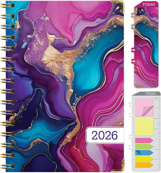 HARDCOVER 2026 Planner, 5.5"x8": 14 Months (November 2025 - December 2026), Daily Weekly Monthly Planner, Yearly Agenda, Bookmark, Pocket Folder and Sticky Note Set (Pink Purple Marble)