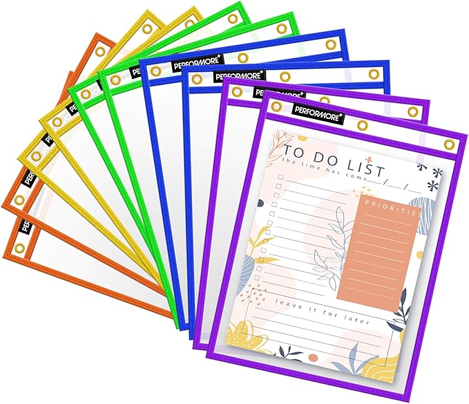 Office Werks Stitched Dry Erase Pockets, Heavy Duty Reusable Sleeves 11.75" X 9.5", Clear Both Sides Plastic Sleeves with 3 Holes for Office, Classroom and More, 5 Trim Assorted Colors (Pack of 10)