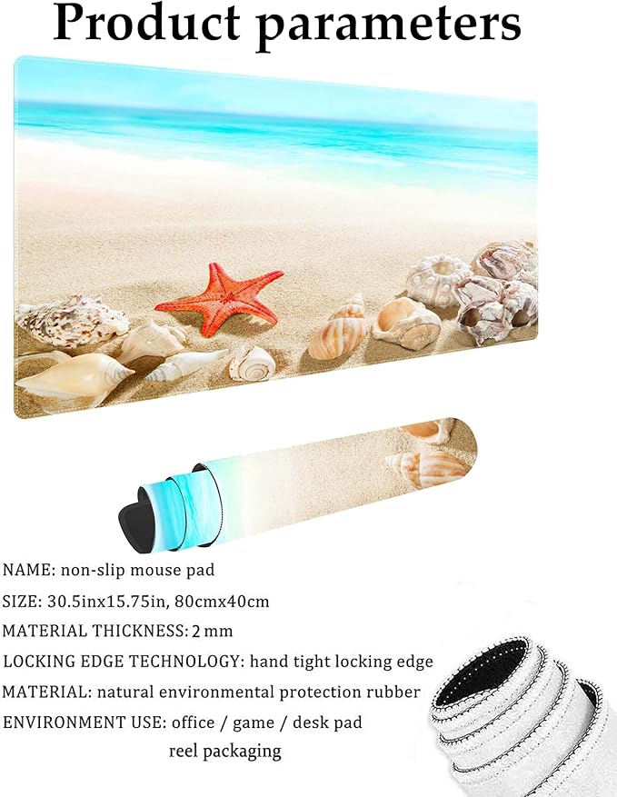 Beach and Starfish Customized Large Extended Gaming Mouse Pad with Stitched Edges and Non-Slip Rubber Base,Suitable for Office and Home Use,31.5x15.7 Inches