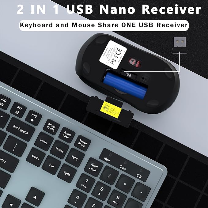 Wireless Keyboard and Mouse Combo, COVEVA 2.4GHz Wireless Keyboard Mouse with USB Receiver, Water-Dropping Keycaps, 104 Keys Full Size with Number Pad for PC Laptop Computer Desktop(Black Gray)