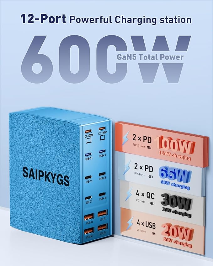 Charging Station (600W),12-Port USB C Charger Block with Dual 100W PD USB-C Fast Charging Station Hub for MacBook Pro/Air/All iPad iPhone 17/16 15/14/13/Pro Max/Samsung Galaxy Note(Blue)