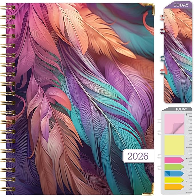HARDCOVER 2026 Planner, 8.5"x11": 14 Months (November 2025 - December 2026), Daily Weekly Monthly Planner, Yearly Agenda, Bookmark, Pocket Folder and Sticky Note Set (Pastel Peacock)