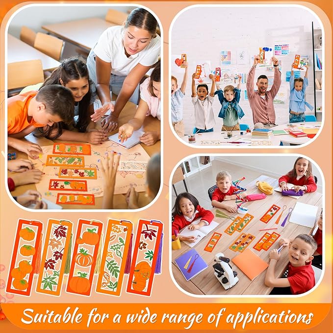 Yexiya 200 Pcs Fall DIY Wood Bookmarks Kit Unfinished Color Your Own Hollow with Tassel 100 Set Autumn School Art Craft Turkey Pumpkins Supplies for Students Classroom Thanksgiving Reward Fillers