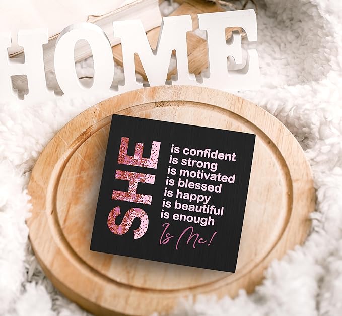 SRADMO Inspirational Woman Affirmation Wood Box Sign, Feminist Gifts, Female Women Empowerment Gifts, Motivational Positive Theme Wooden Block Box Sign Decoration for Home Shelf Table Decor