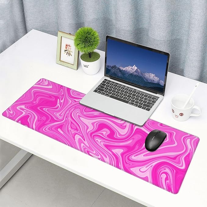 Hot Pink Digital Marble Fluid Liquid Marbled Pattern Topographic Contour Gaming Mouse Pad 31.5 X 11.8 Inch XL Extended Large Keyboard Non-Slip Rubber Base with Stitched Edges for Home Office