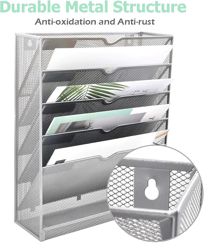 EASEPRES Mesh Wall File Organizer 6 Tier Vertical Mount Hanging Holder Magazine Rack with Bottom Flat Tray, Sides Closed, Silver