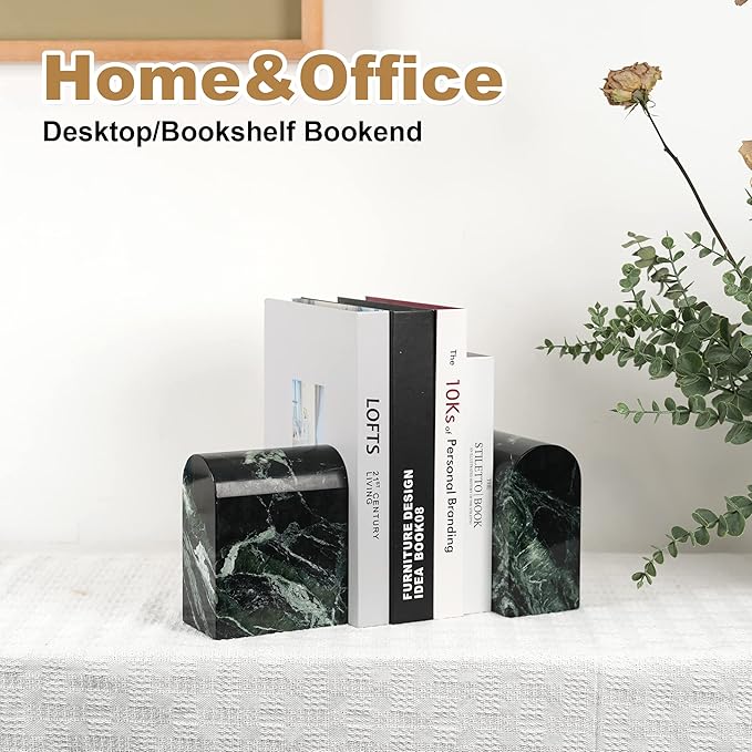 Koville Italian Natural Marble Bookends for Shelves, 13LBS Ultra Non-Slip Book Ends, Heavy Duty Marble Book Holders Organizer, Bookshelf Apartment Decor for Movies/CDs/Video Games(Verde Remeggiato)