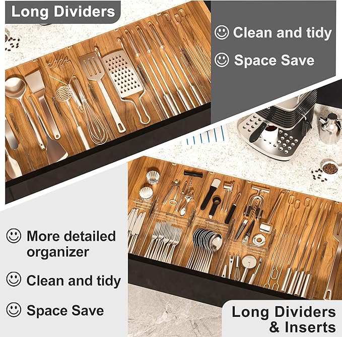 HiYZ Expandable Drawer Dividers with Inserts - 2.36'' High Adjustable Drawer Organizers Separators for Kitchen, Bedroom, Dresser, Office, 8 Long Dividers(12.6-22.8'') with 16 Inserts(3.9-7.1'')-Clear