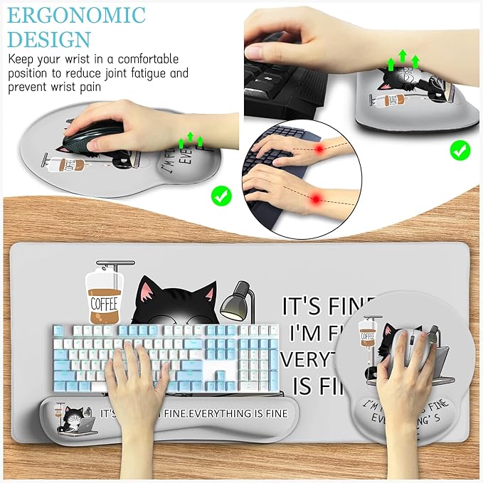 Cat Ergonomic Mouse Pad with Wrist Rest Desk Mat Sets Accessories, Cute Mouse Pads for Desk, Gaming Mouse Pad Wrist Support, Keyboard Mat Wrist Rest Cup Coaster Funny Office Desk Accessories