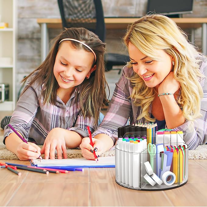 Absonic Acrylic Pen Holder Pencil Organizer, 360-Degree Rotating Pencil Holder, Crayon Organizers for Kids Marker Organizer Caddy Art Supply Kids Desk Organizers for Office Home School